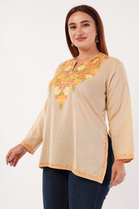 Kashmiri Aari embroidery Cotton Short Kurti Size-44(Beige)