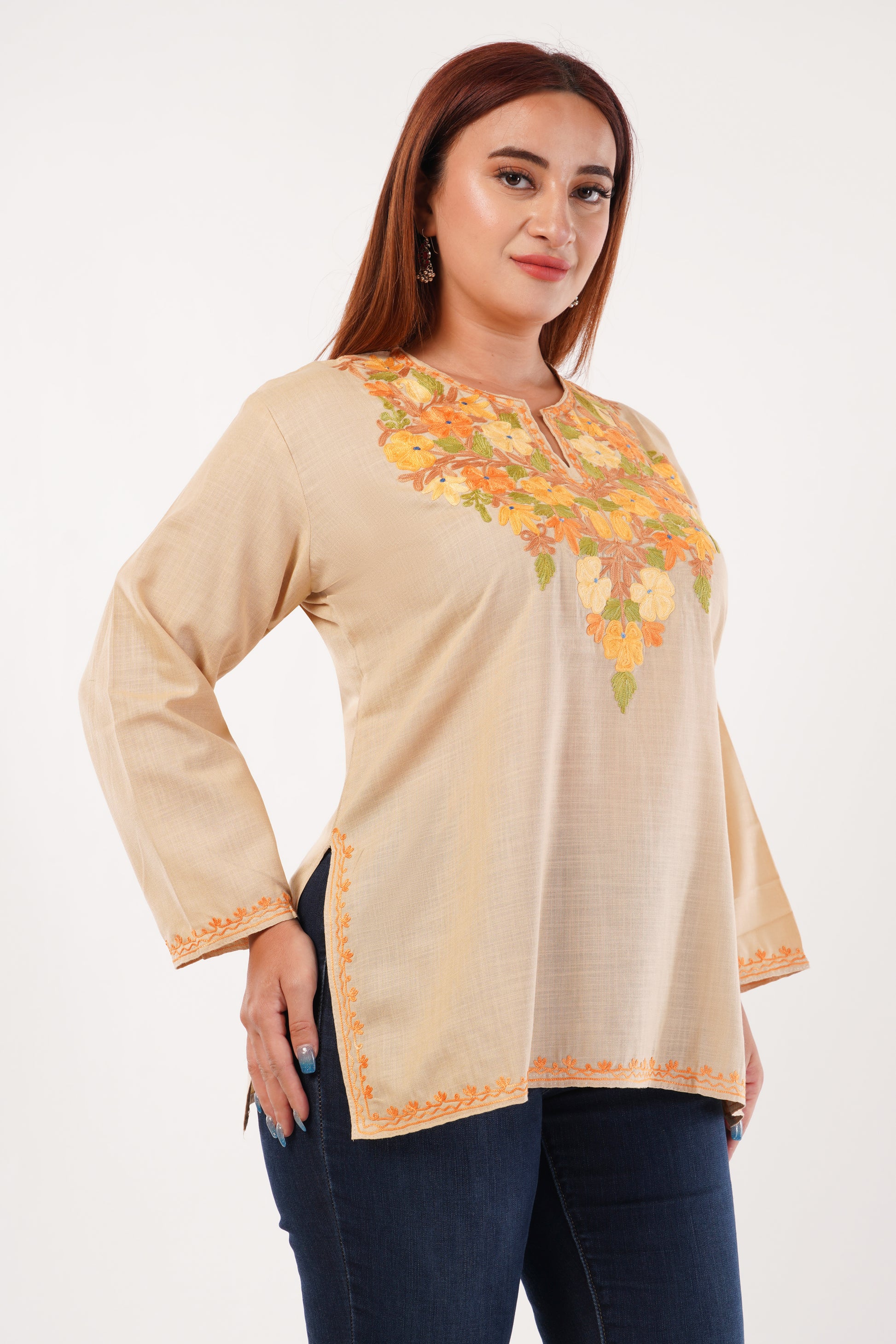 Kashmiri Aari embroidery Cotton Short Kurti Size-44(Beige)