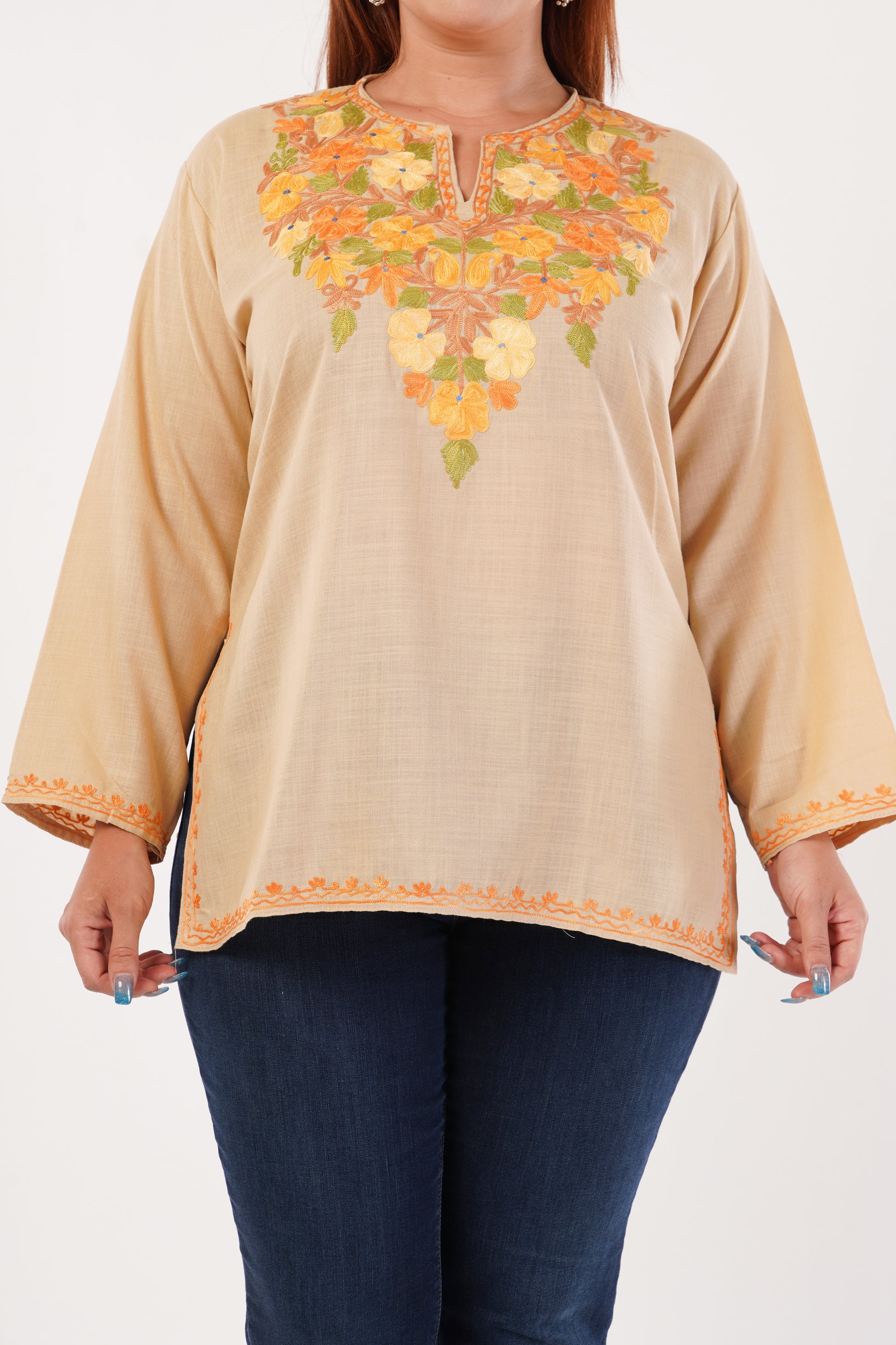 Kashmiri Aari embroidery Cotton Short Kurti Size-44(Beige)