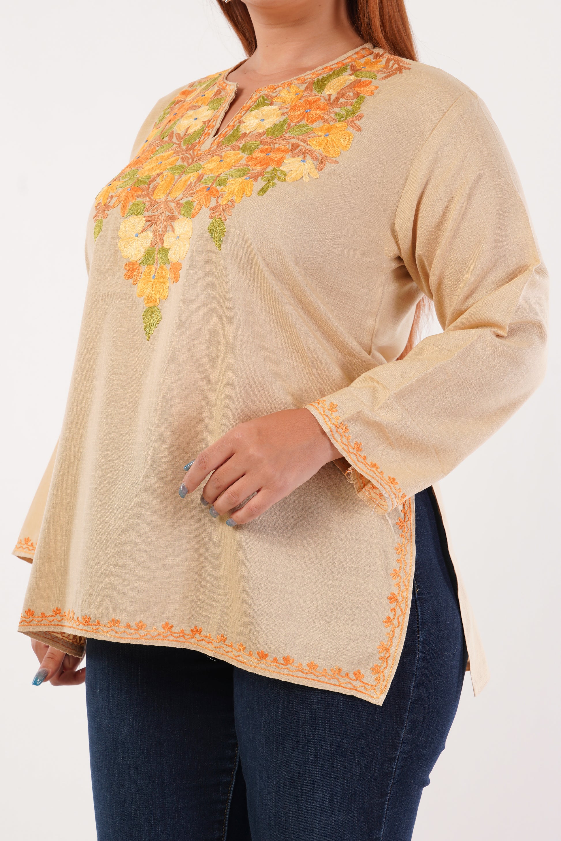 Kashmiri Aari embroidery Cotton Short Kurti Size-44(Beige)