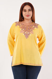Kashmiri Aari embroidery Cotton Short Kurti Size-44(Yellow)