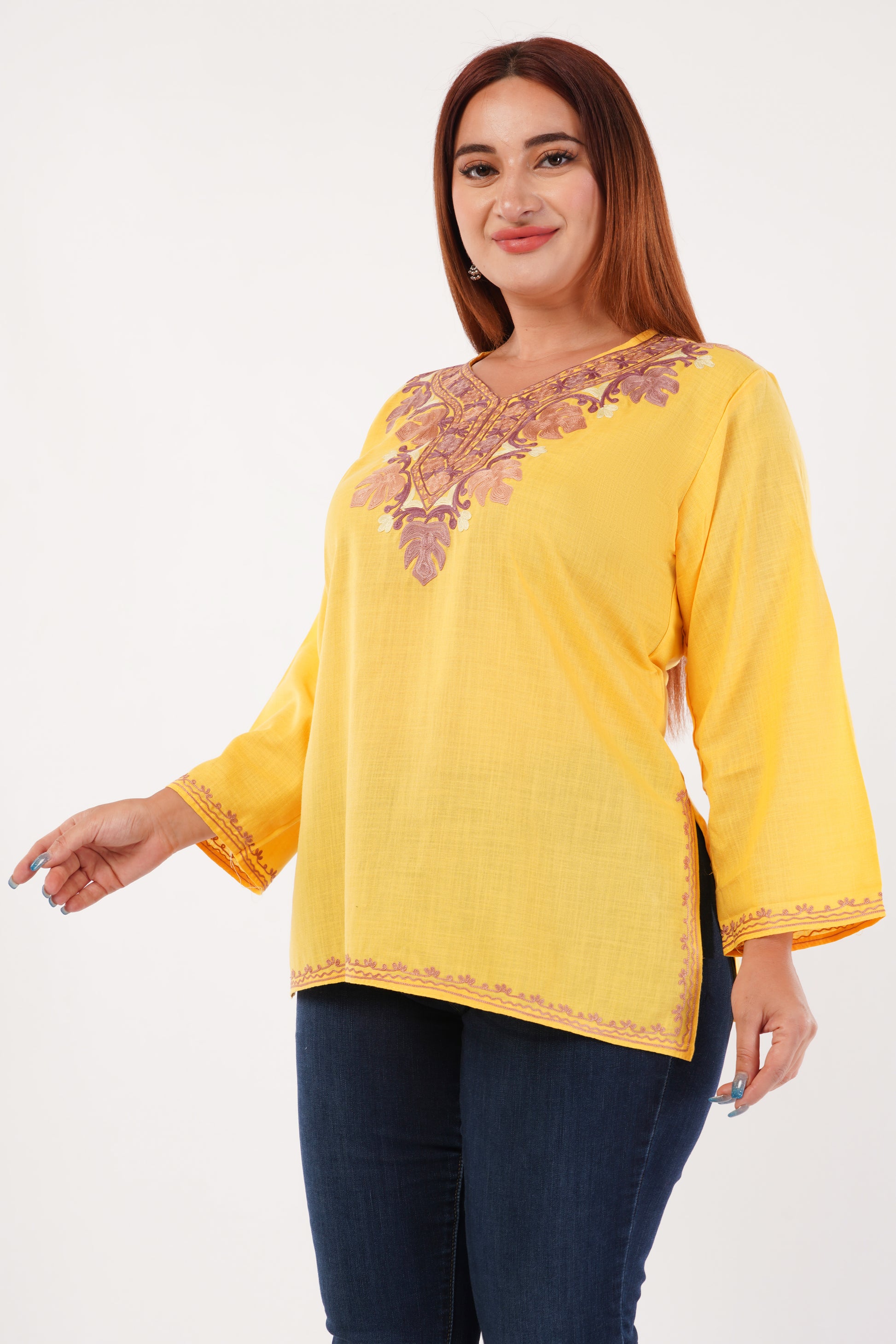 Kashmiri Aari embroidery Cotton Short Kurti Size-44(Yellow)