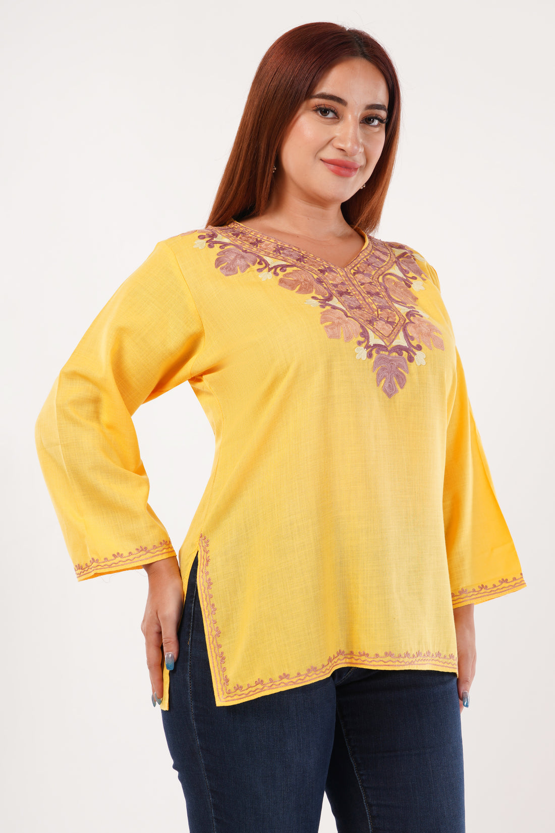 Kashmiri Aari embroidery Cotton Short Kurti Size-44(Yellow)