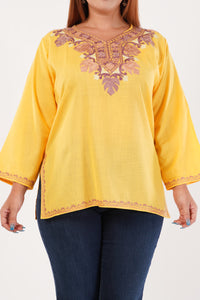 Kashmiri Aari embroidery Cotton Short Kurti Size-44(Yellow)