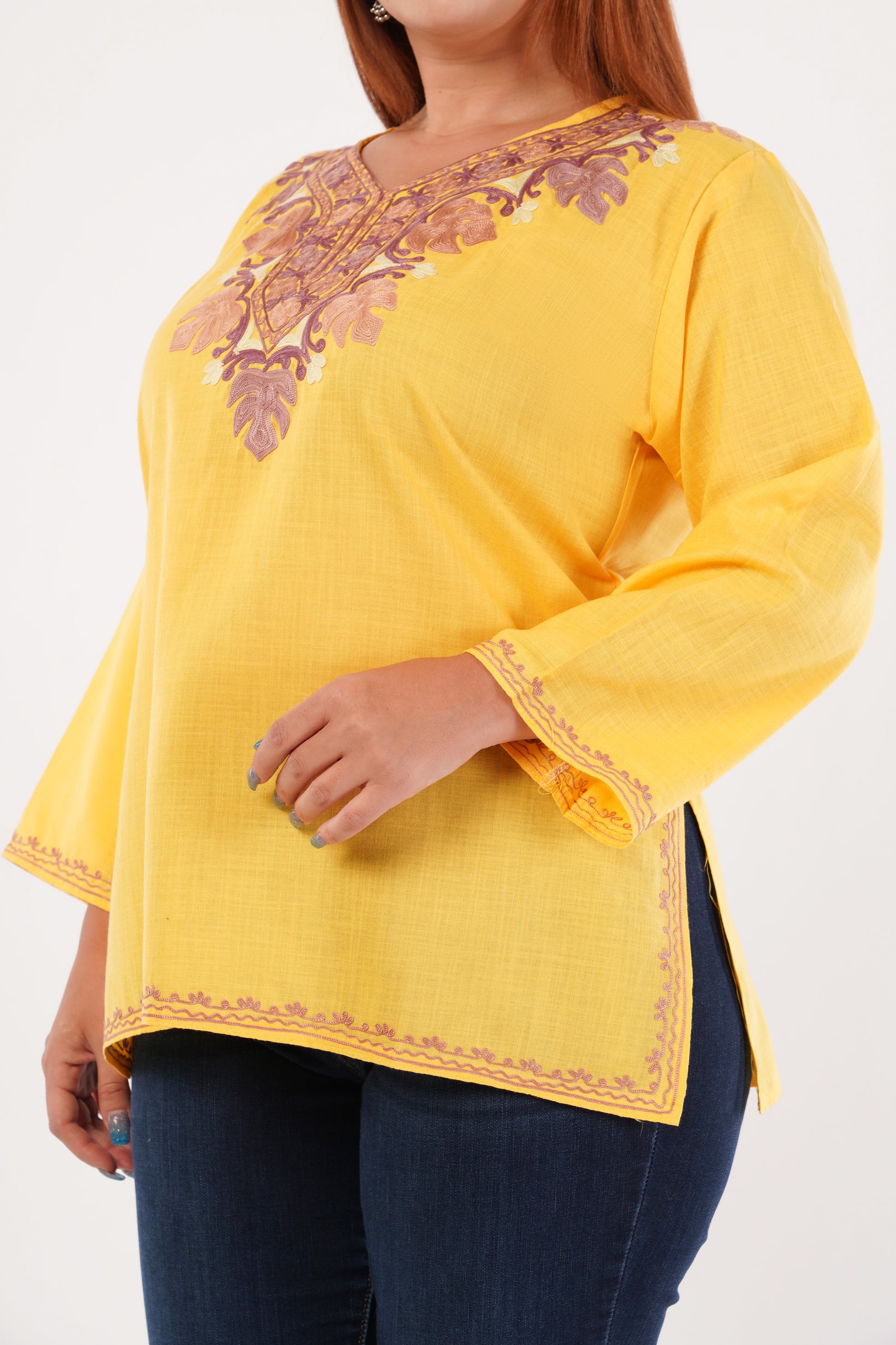 Kashmiri Aari embroidery Cotton Short Kurti Size-44(Yellow)