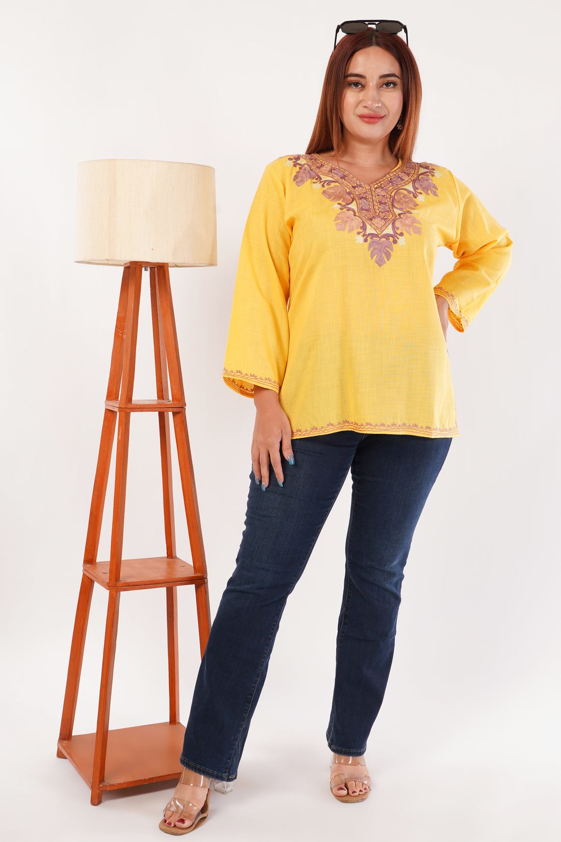 Kashmiri Aari embroidery Cotton Short Kurti Size-44(Yellow)