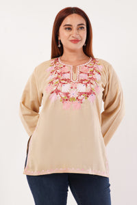 Kashmiri Aari embroidery Cotton Short Kurti Size-44(Beige)