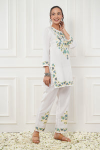Kashmiri Short Kurti Set-(white)