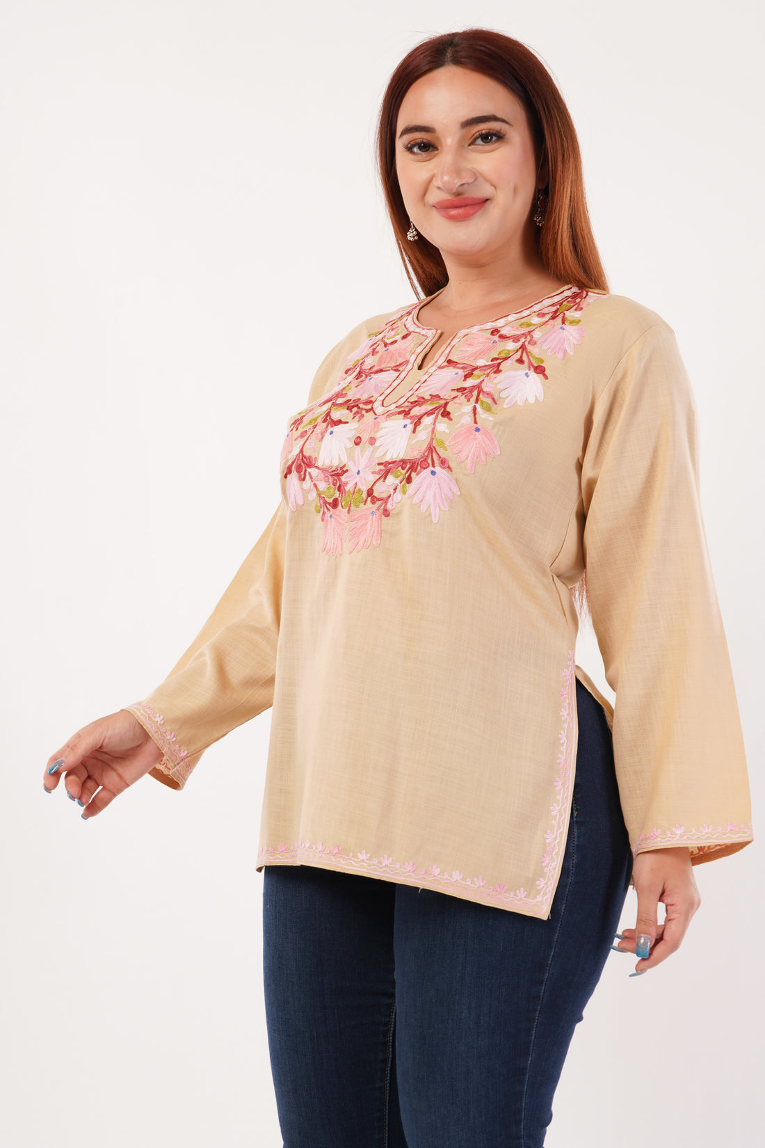 Kashmiri Aari embroidery Cotton Short Kurti Size-44(Beige)