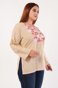 Kashmiri Aari embroidery Cotton Short Kurti Size-44(Beige)