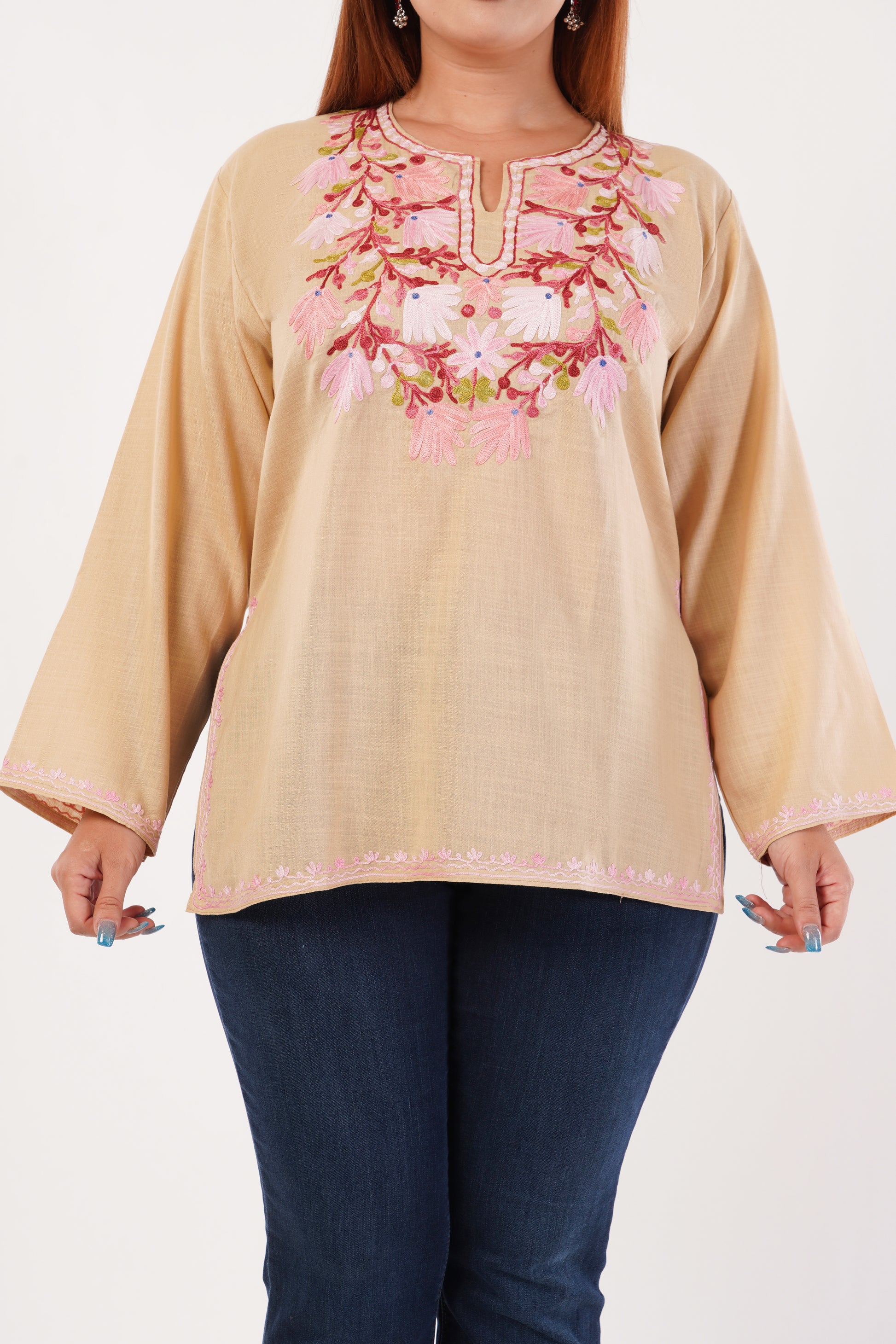 Kashmiri Aari embroidery Cotton Short Kurti Size-44(Beige)