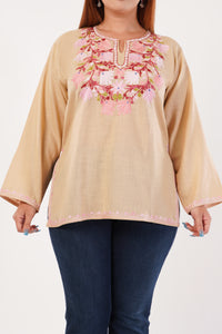 Kashmiri Aari embroidery Cotton Short Kurti Size-44(Beige)