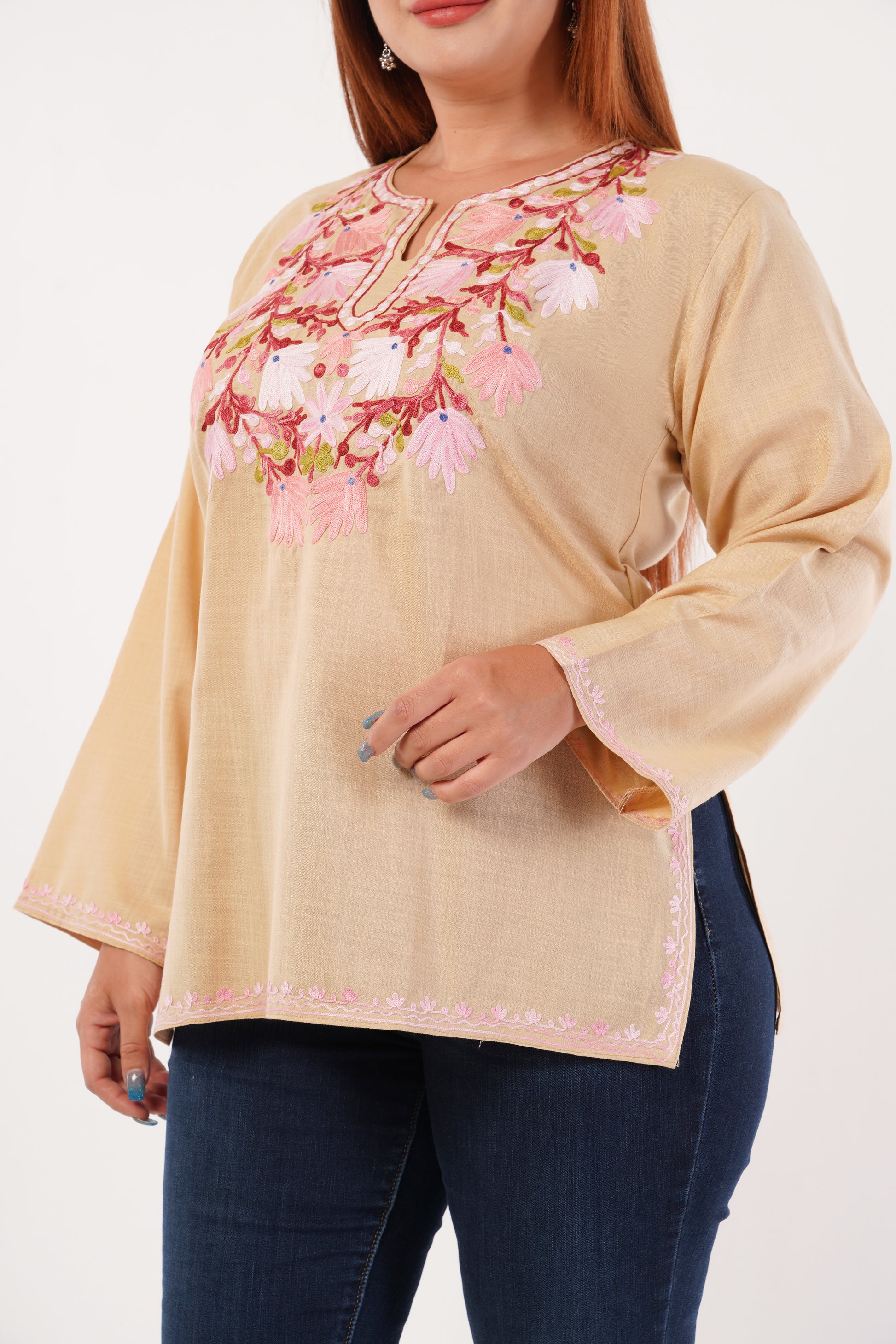 Kashmiri Aari embroidery Cotton Short Kurti Size-44(Beige)