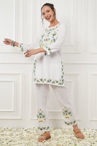 Kashmiri Short Kurti Set-(white)