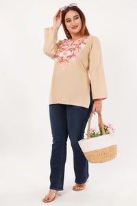 Kashmiri Aari embroidery Cotton Short Kurti Size-44(Beige)