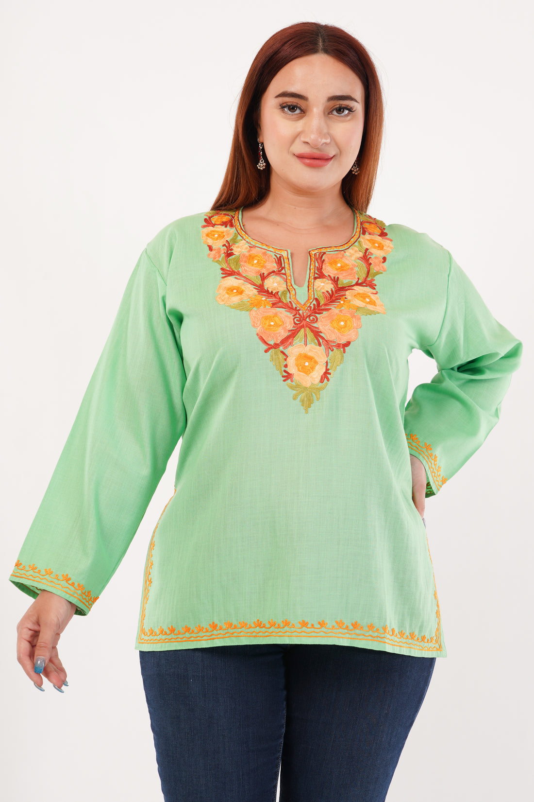 Kashmiri Aari embroidery Cotton Short Kurti Size-44(Green)