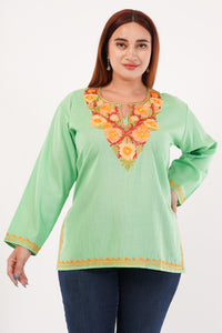 Kashmiri Aari embroidery Cotton Short Kurti Size-44(Green)