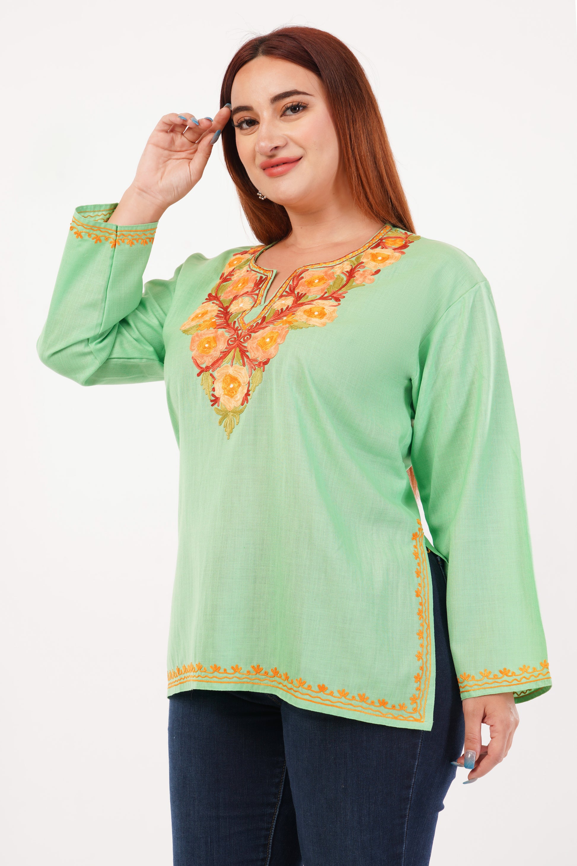 Kashmiri Aari embroidery Cotton Short Kurti Size-44(Green)