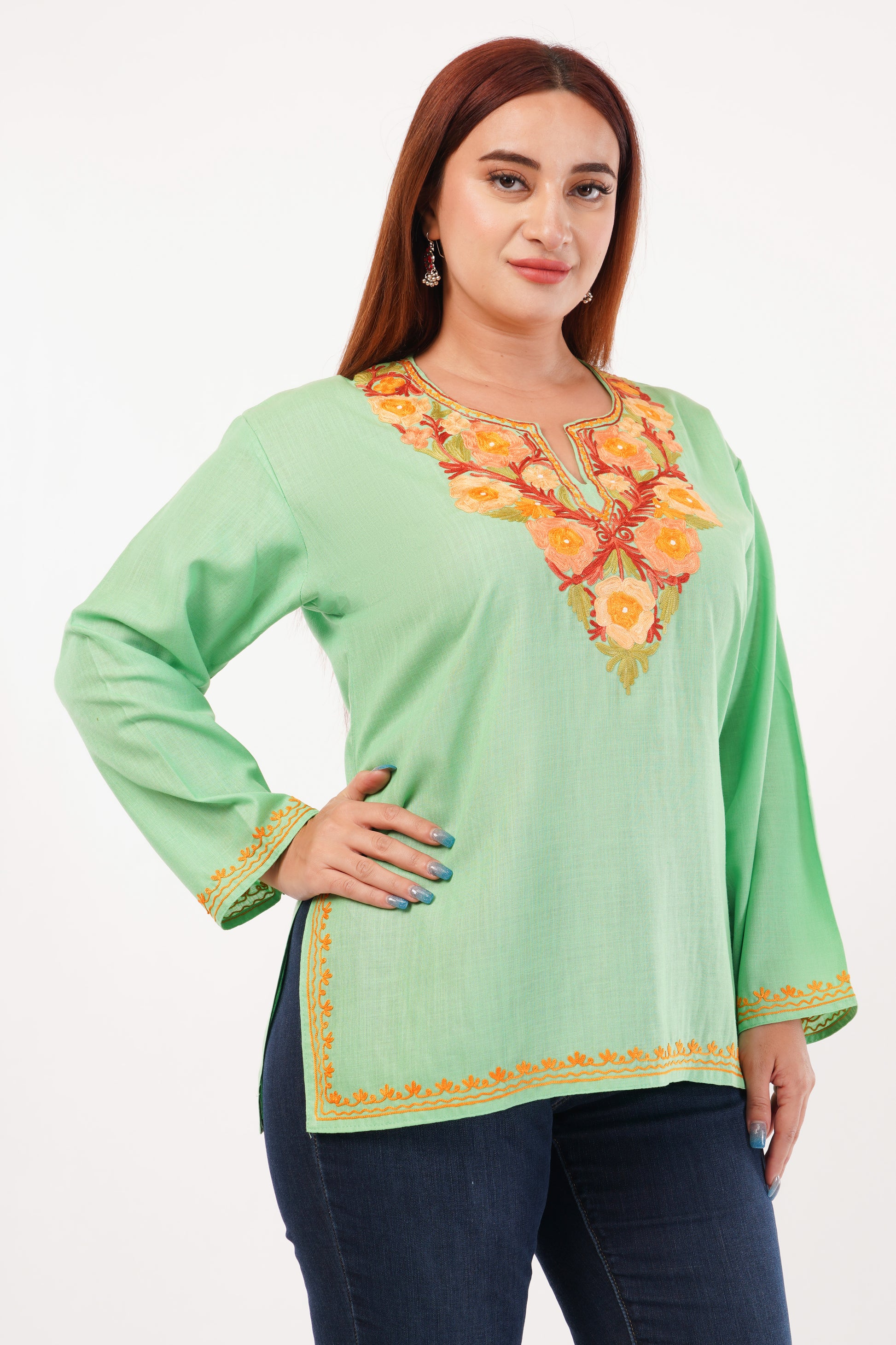 Kashmiri Aari embroidery Cotton Short Kurti Size-44(Green)