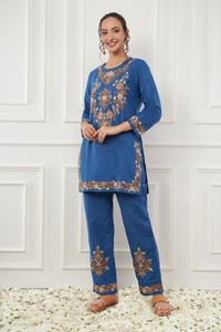 Kashmiri Short Kurti Set-(Blue)