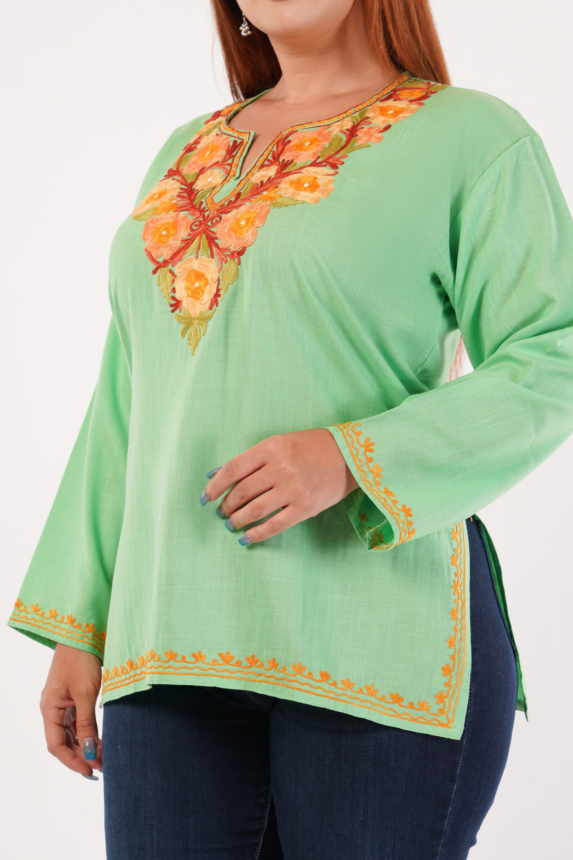 Kashmiri Aari embroidery Cotton Short Kurti Size-44(Green)