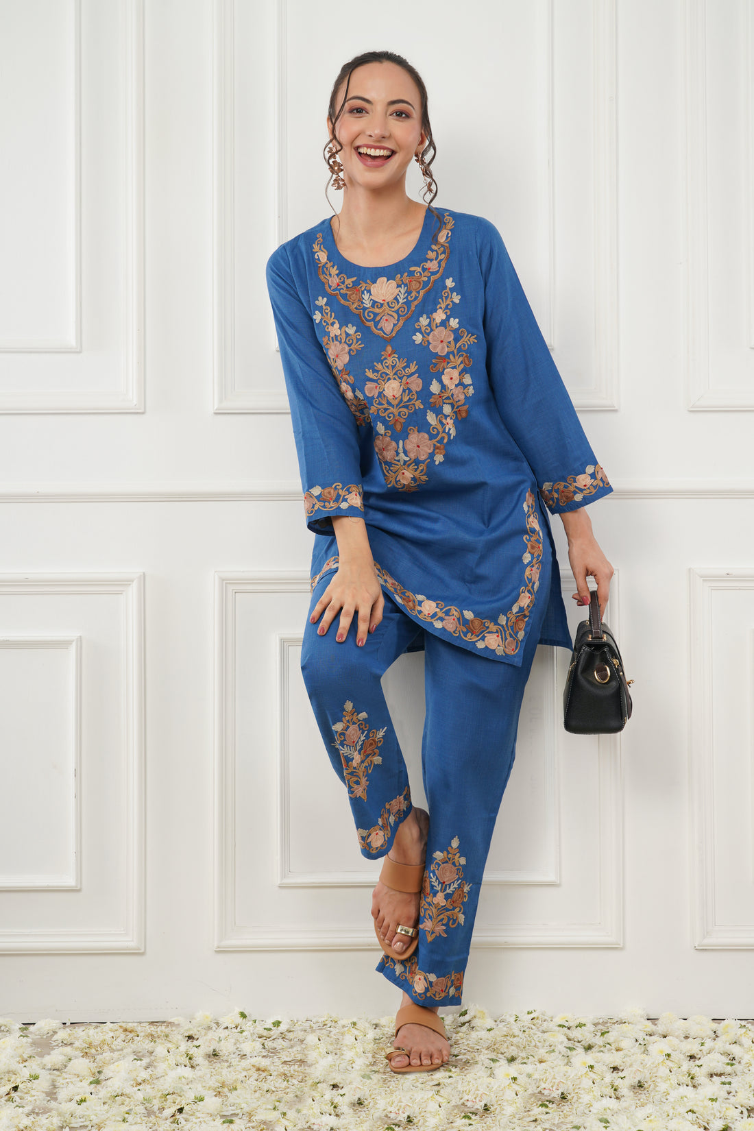 Kashmiri Short Kurti Set-(Blue)