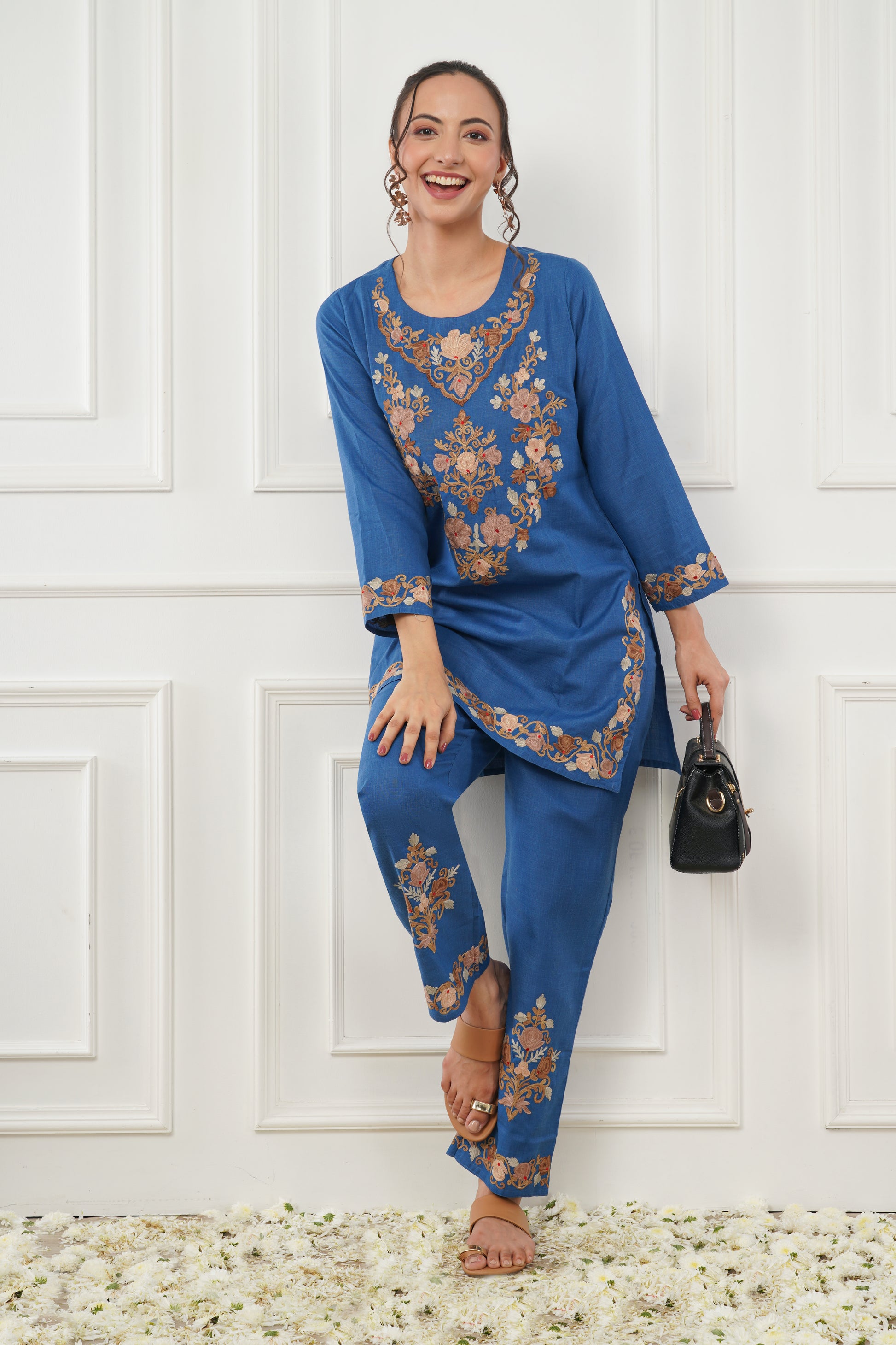 Kashmiri Short Kurti Set-(Blue)