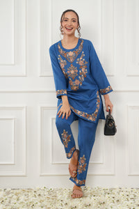 Kashmiri Short Kurti Set-(Blue)