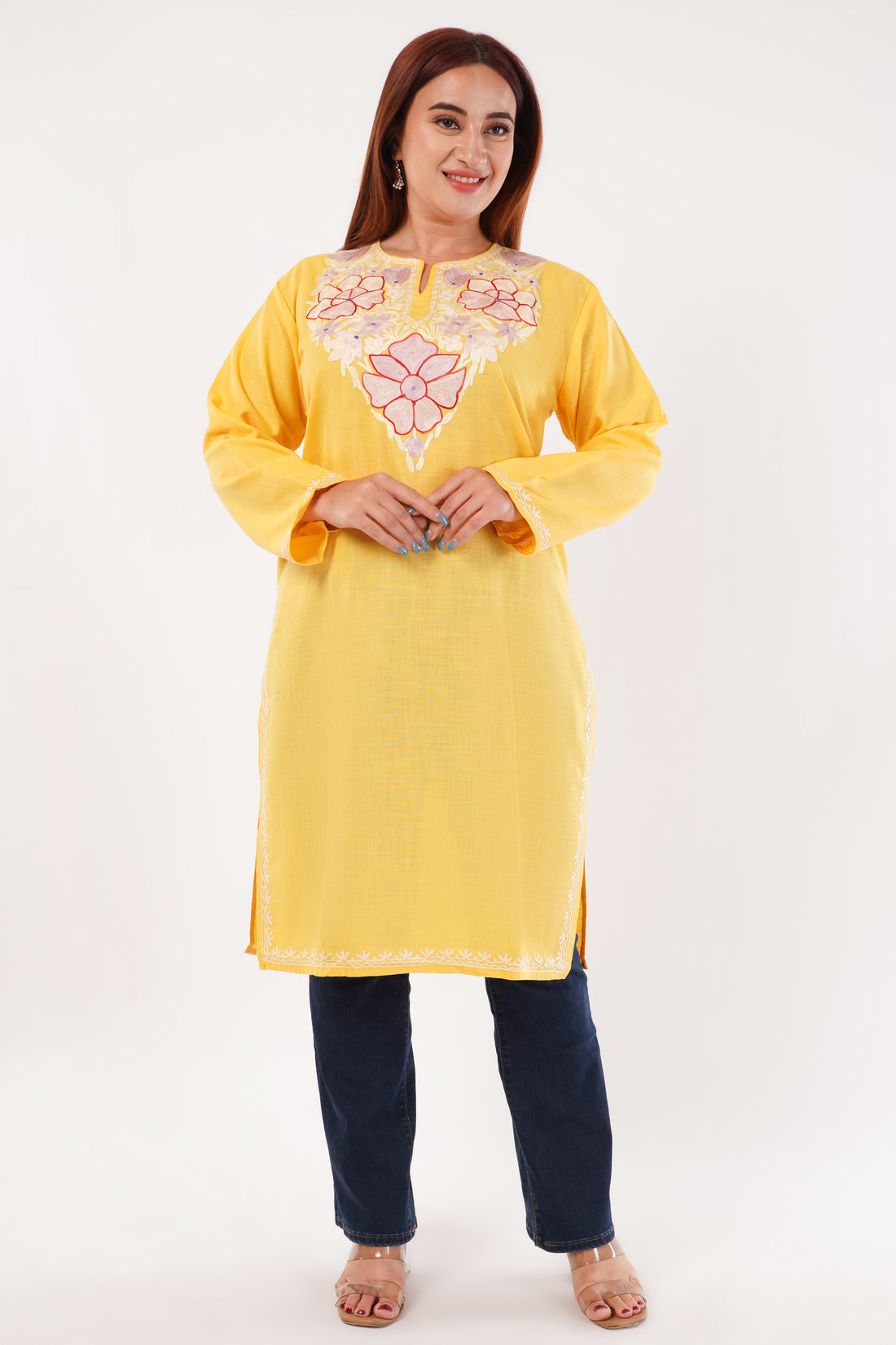Kashmiri Aari embroidery Cotton Long Kurti Size-44(Yellow)