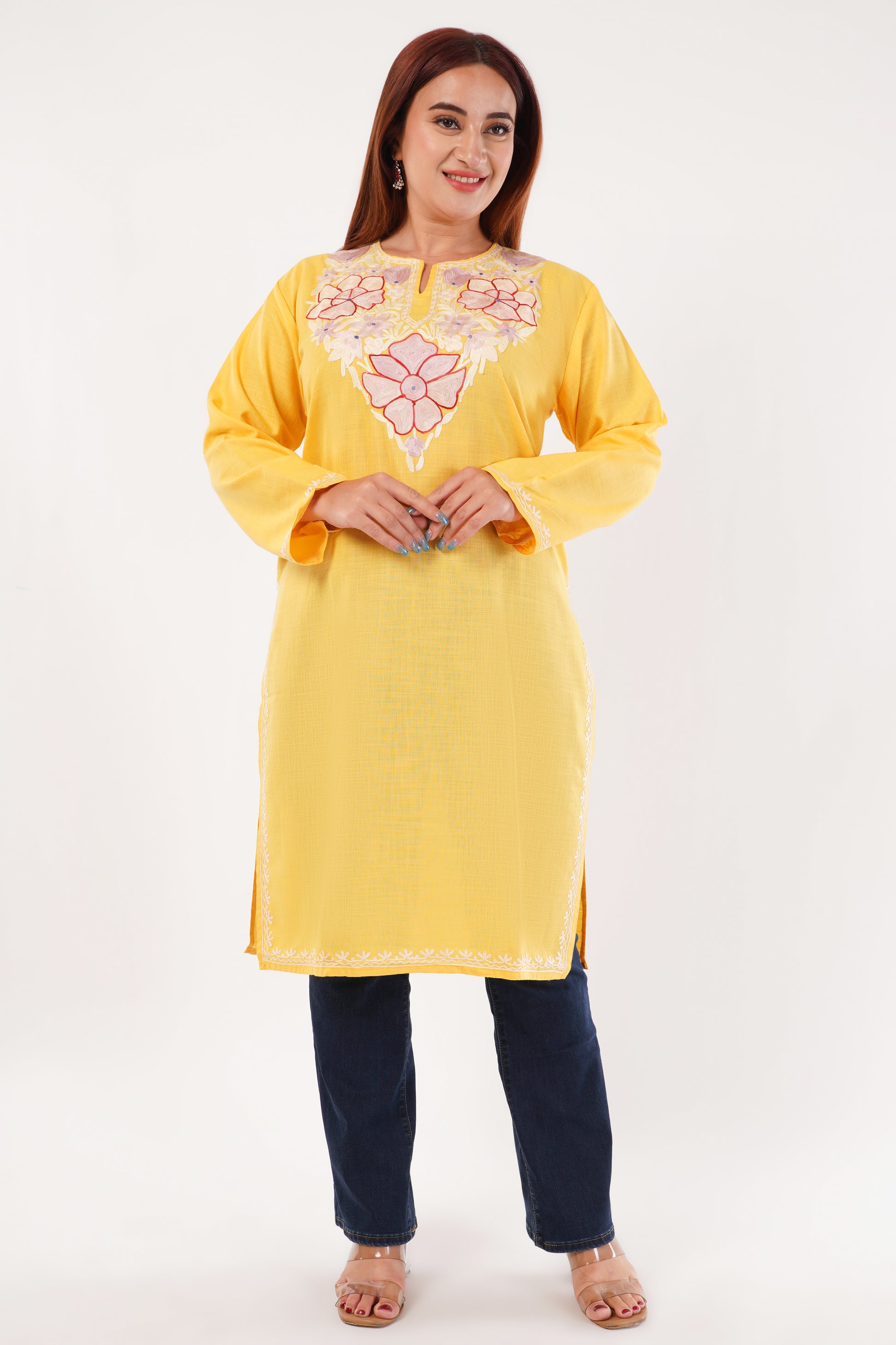 Kashmiri Aari embroidery Cotton Long Kurti Size-44(Yellow)