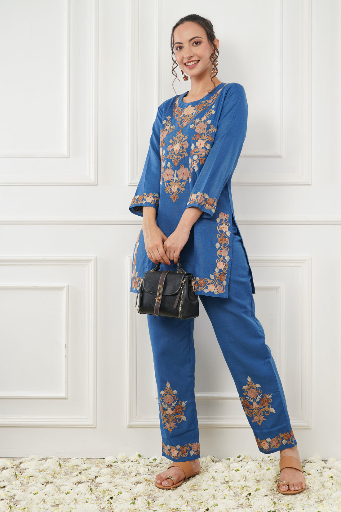 Kashmiri Short Kurti Set-(Blue)