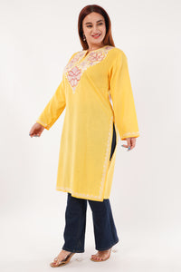 Kashmiri Aari embroidery Cotton Long Kurti Size-44(Yellow)