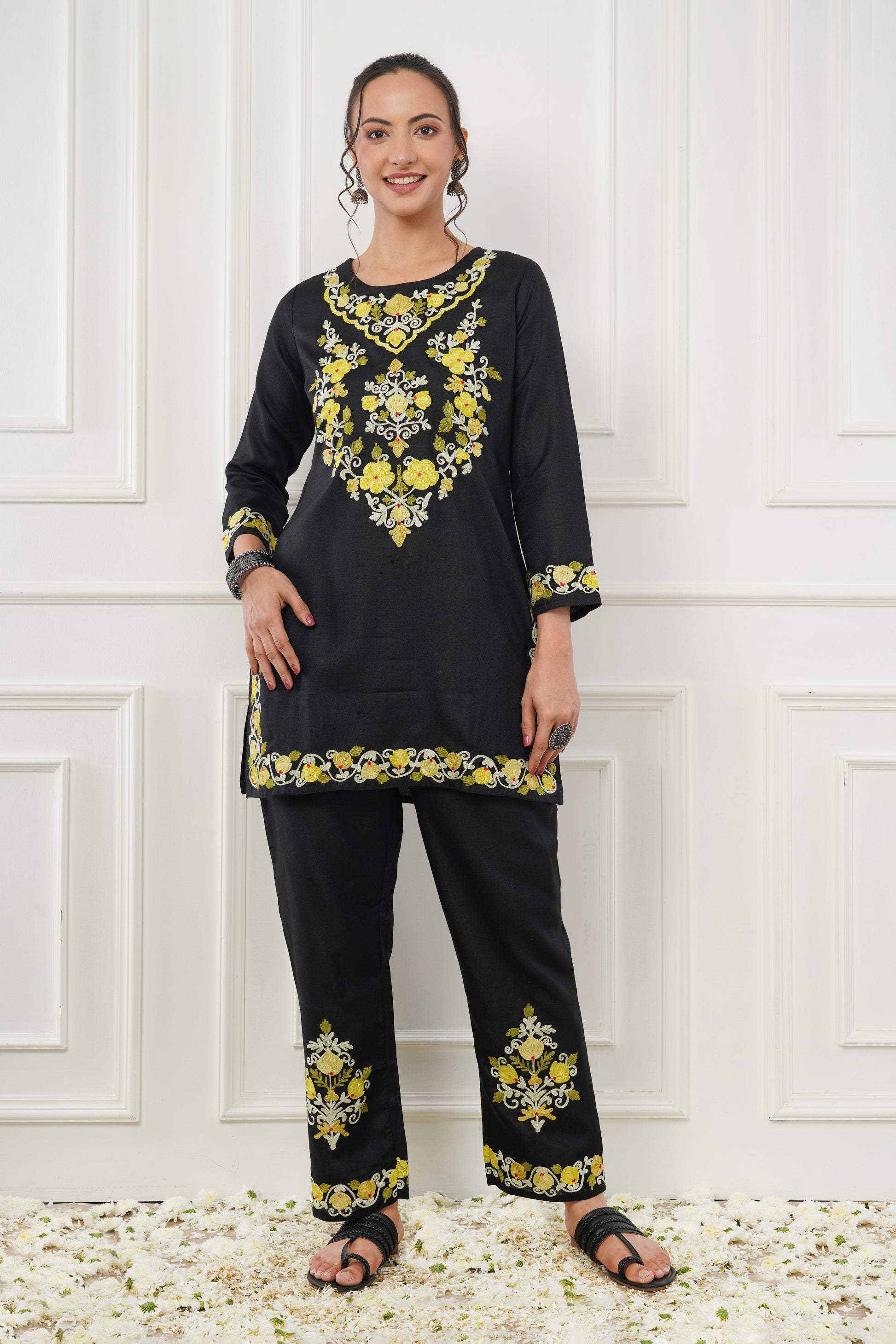 Kashmiri Short Kurti Set-(Black)