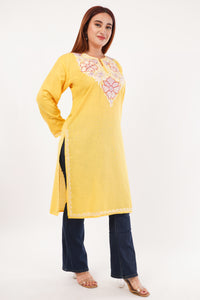 Kashmiri Aari embroidery Cotton Long Kurti Size-44(Yellow)
