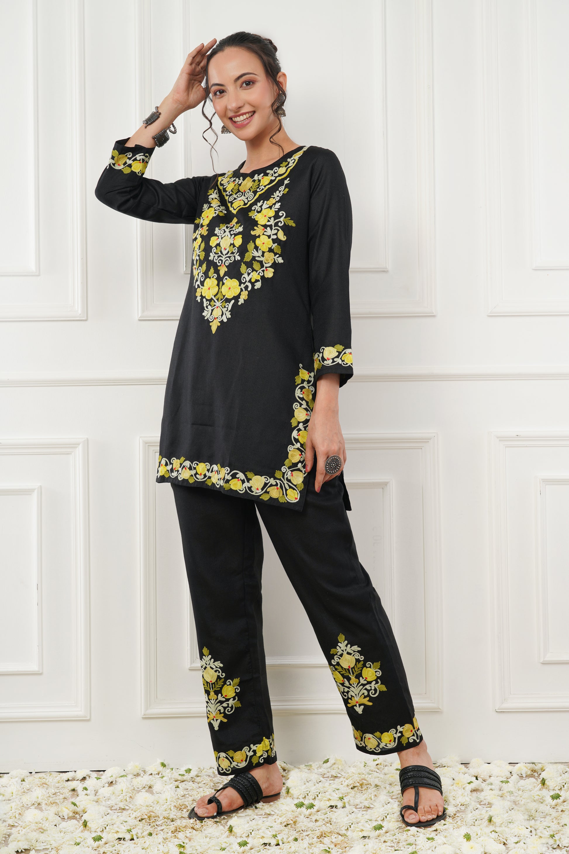 Kashmiri Short Kurti Set-(Black)