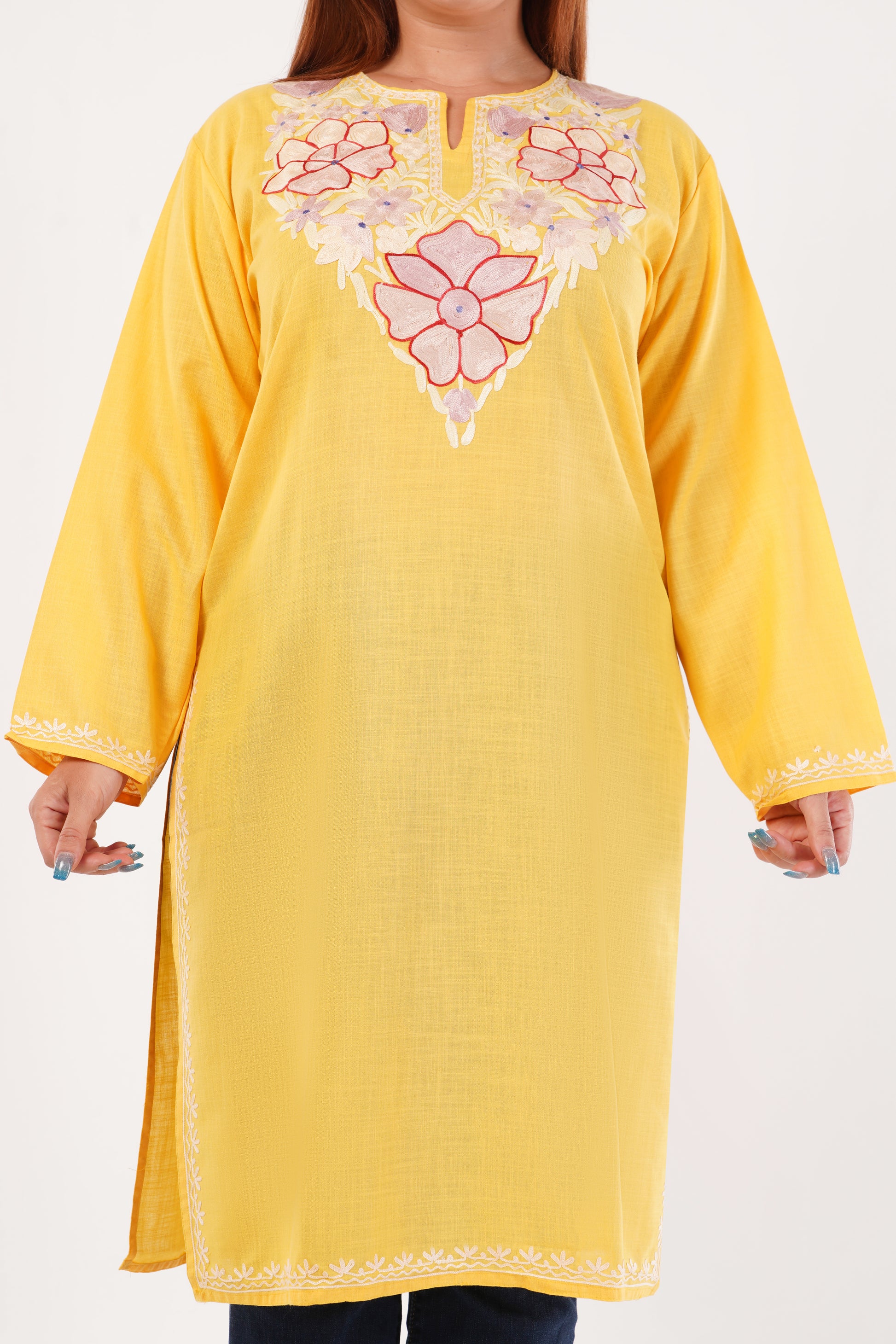 Kashmiri Aari embroidery Cotton Long Kurti Size-44(Yellow)
