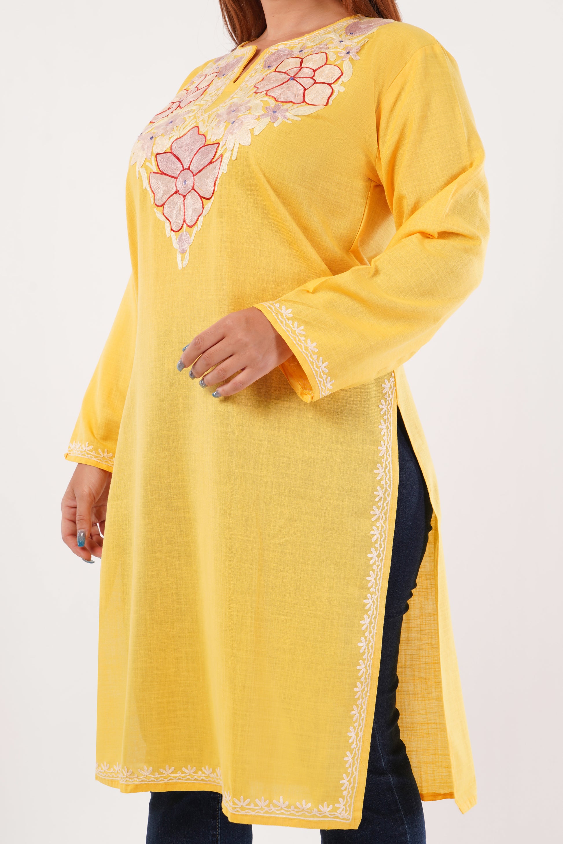 Kashmiri Aari embroidery Cotton Long Kurti Size-44(Yellow)