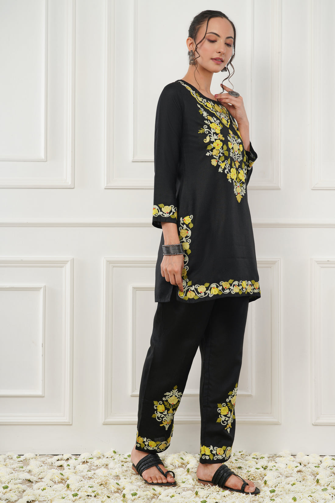 Kashmiri Short Kurti Set-(Black)