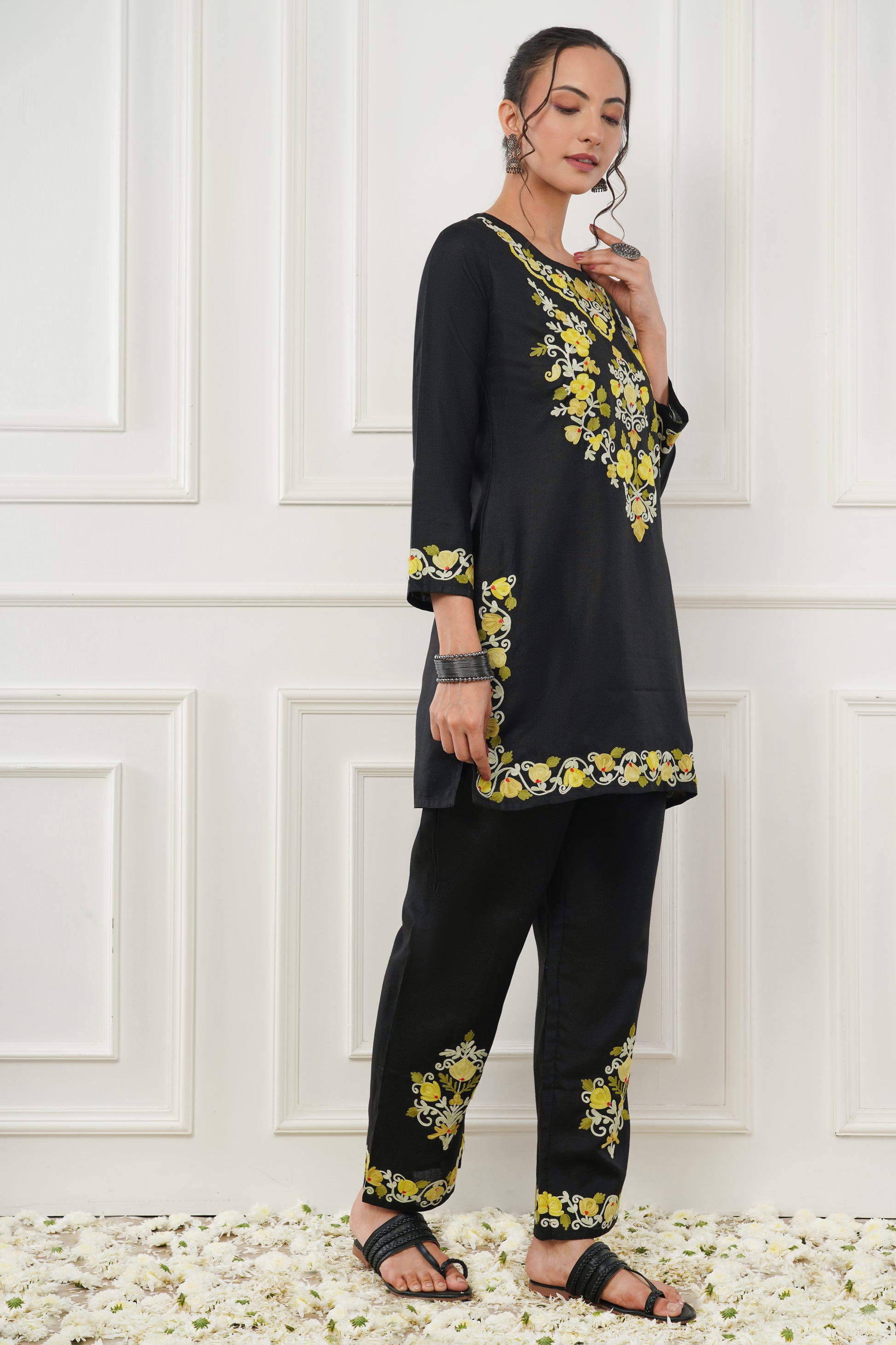 Kashmiri Short Kurti Set-(Black)