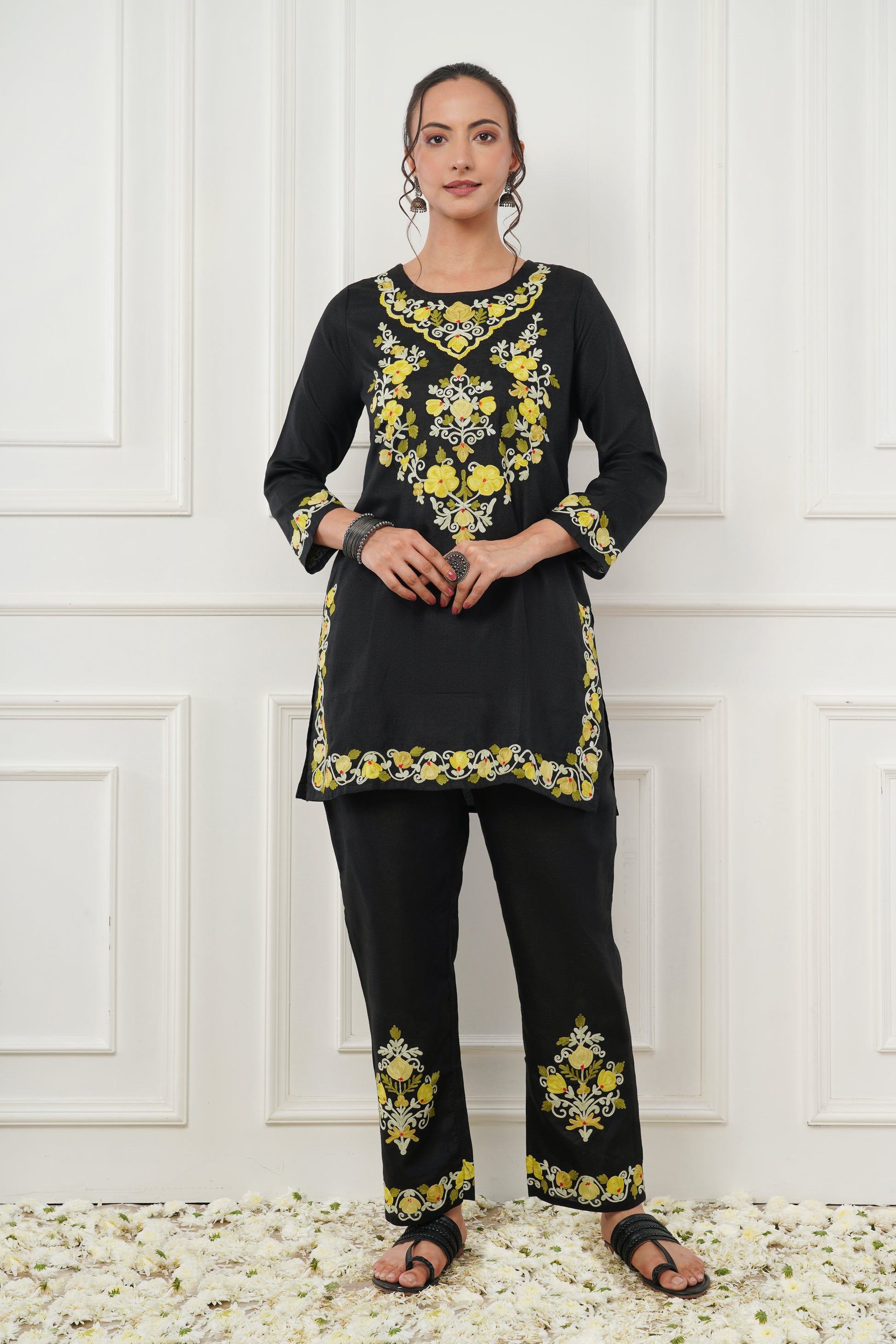 Kashmiri Short Kurti Set-(Black)