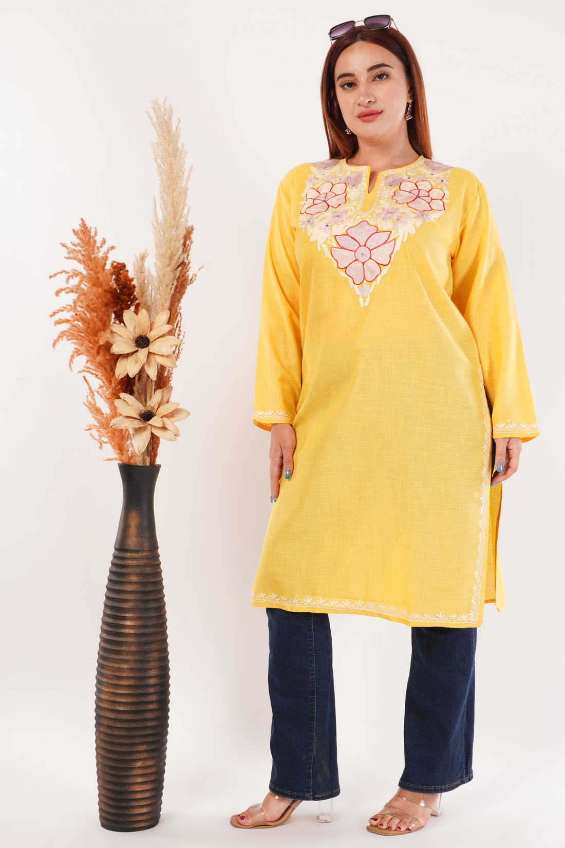 Kashmiri Aari embroidery Cotton Long Kurti Size-44(Yellow)