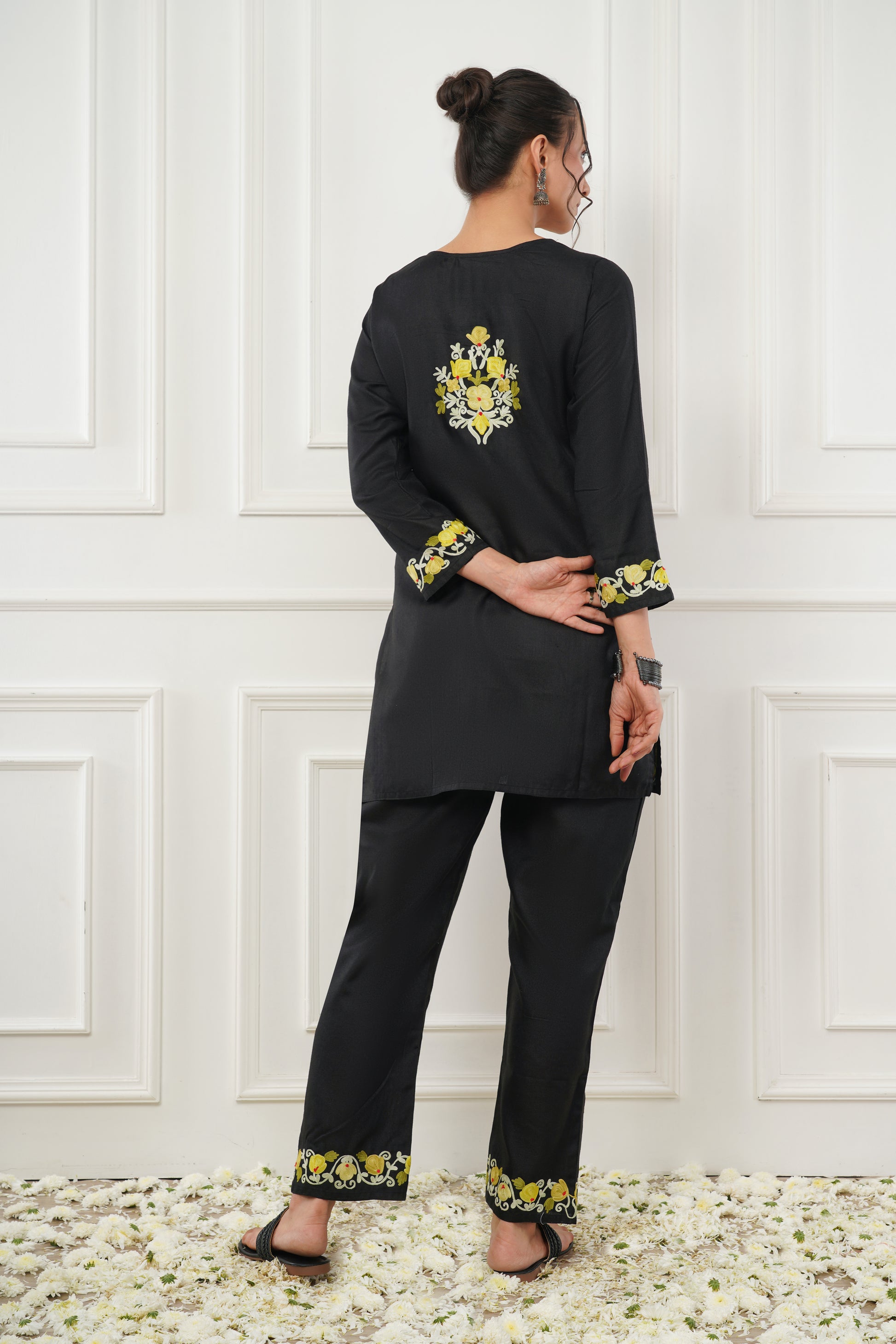 Kashmiri Short Kurti Set-(Black)