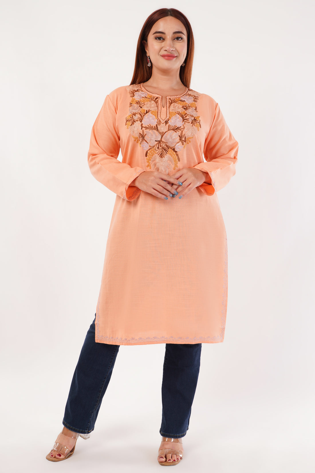 Kashmiri Aari embroidery Cotton Long Kurti Size-44(Peach)