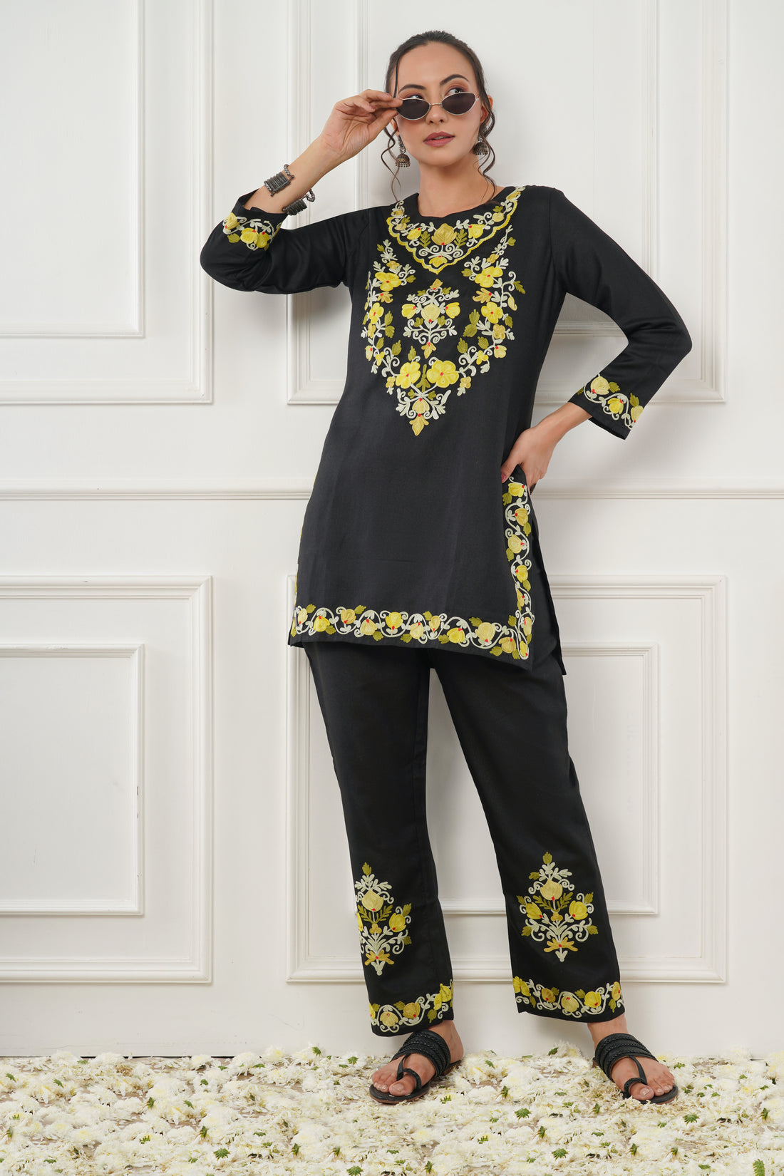 Kashmiri Short Kurti Set-(Black)