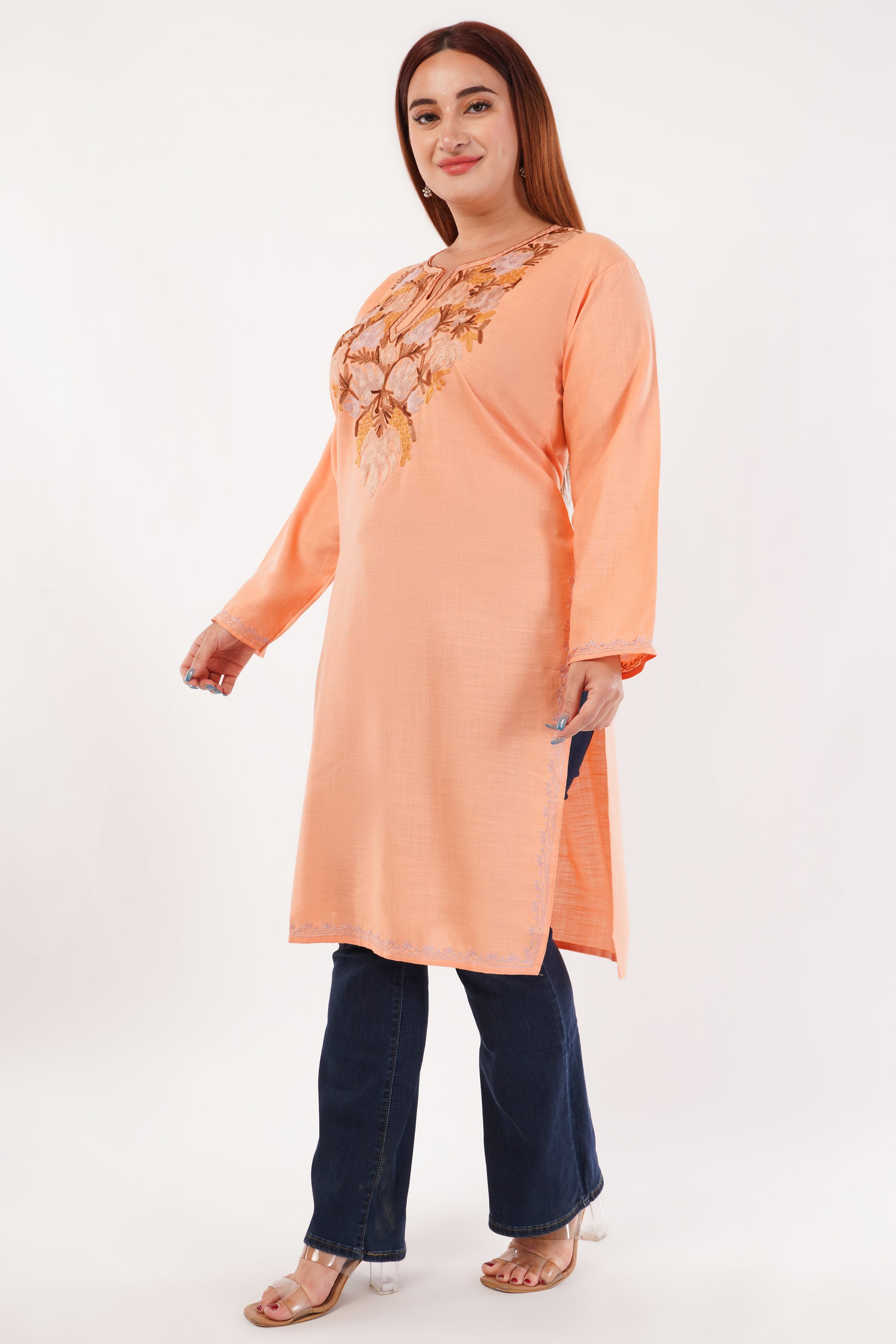 Kashmiri Aari embroidery Cotton Long Kurti Size-44(Peach)