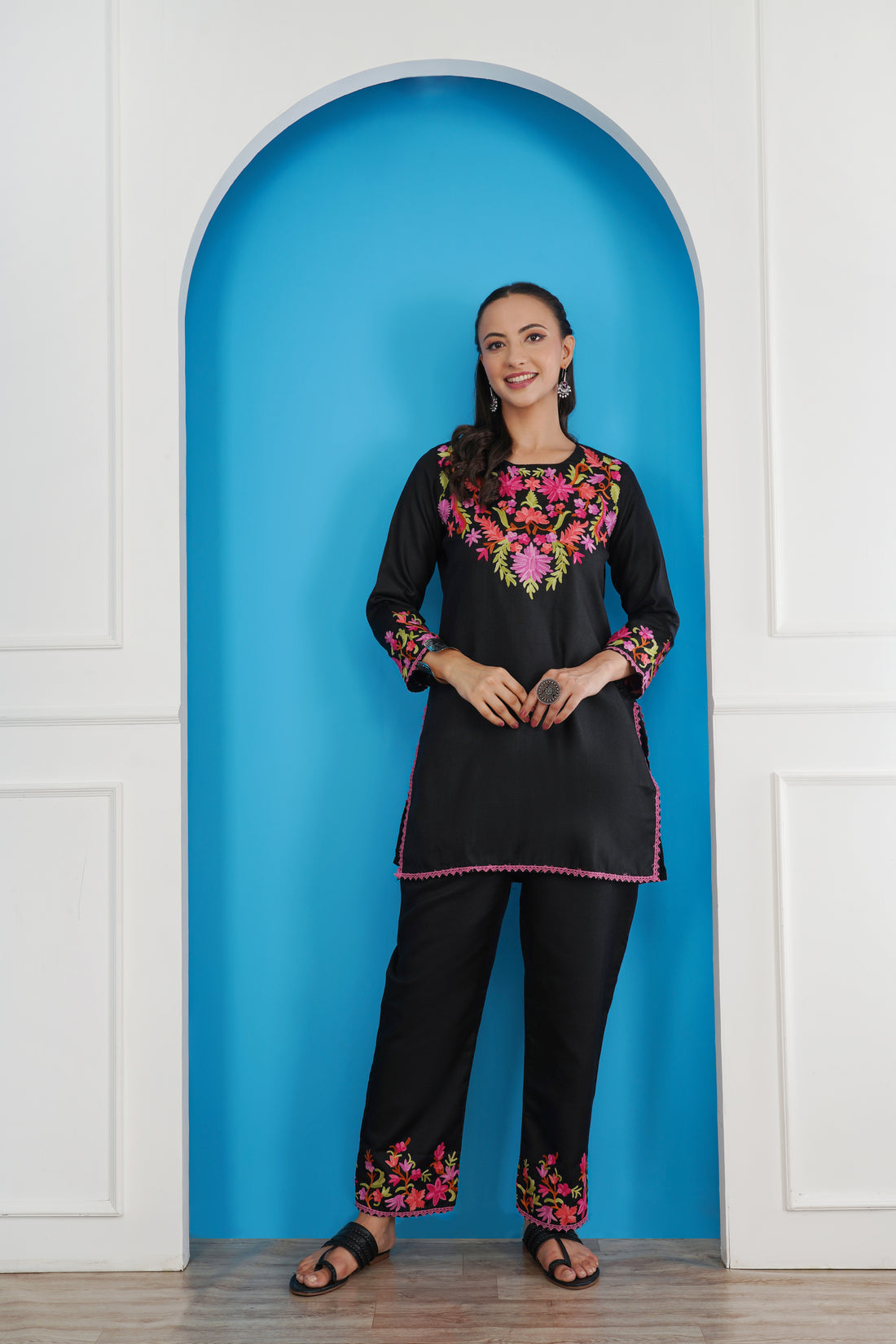 Kashmiri Short Kurti Set-(Black)