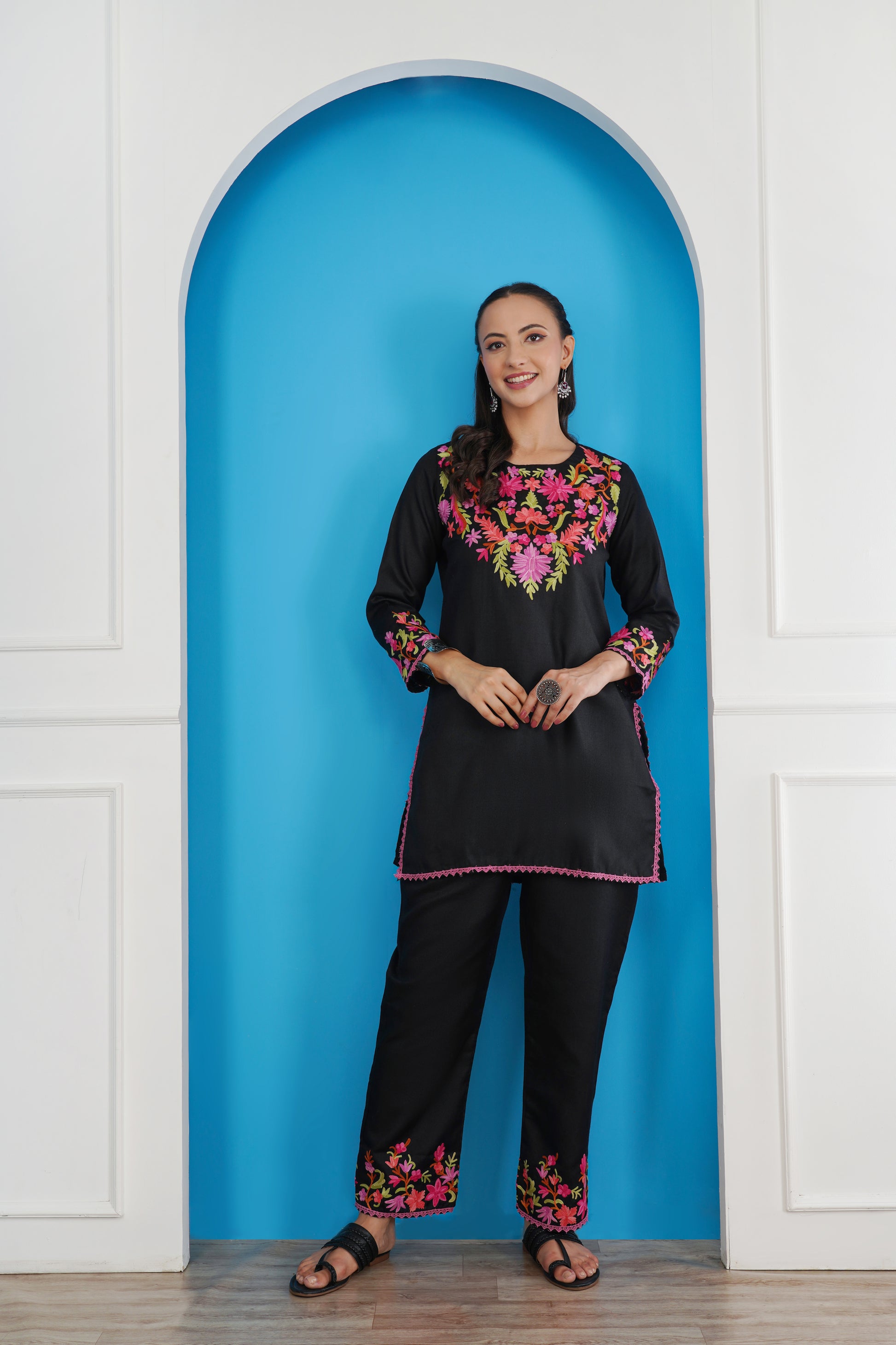 Kashmiri Short Kurti Set-(Black)