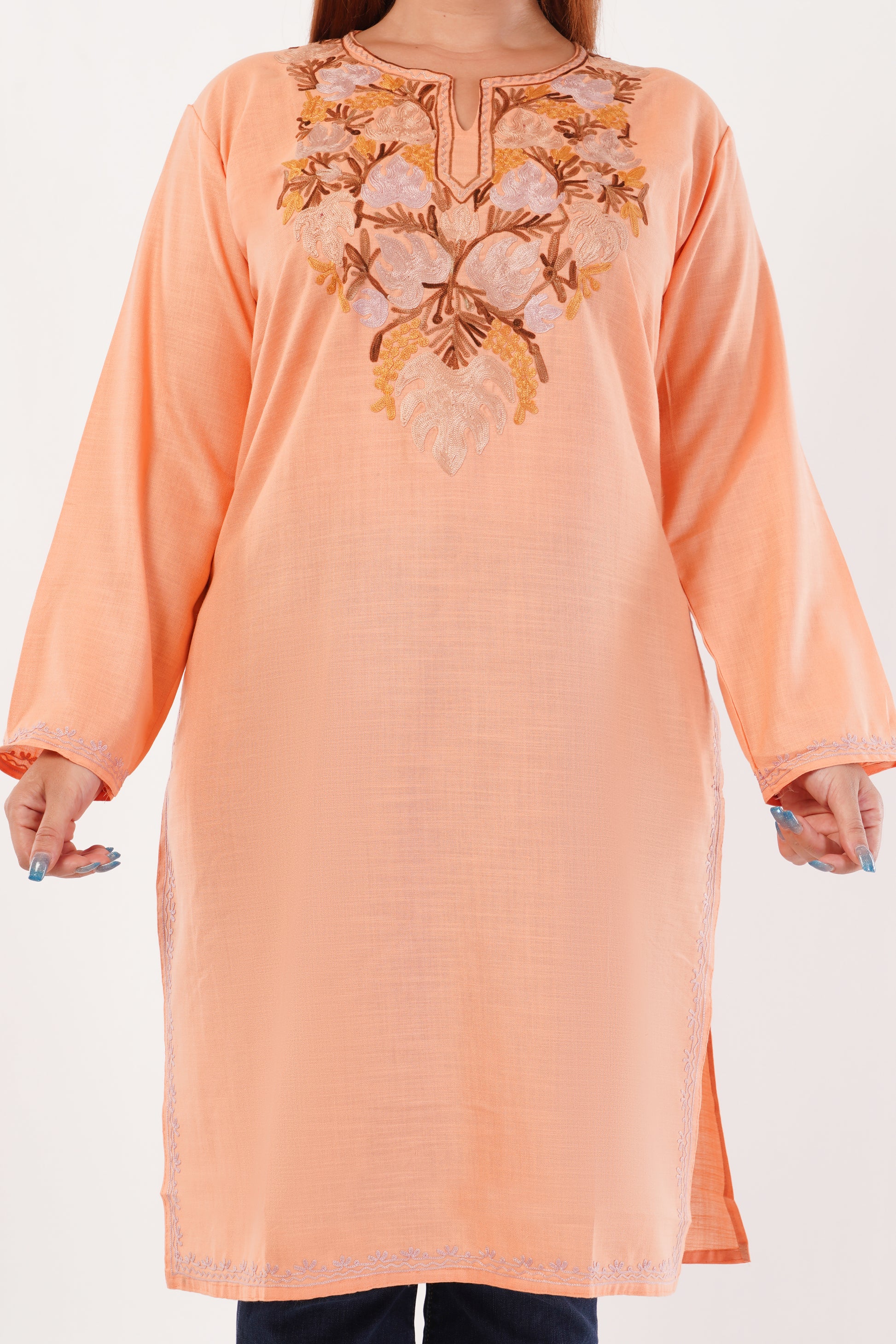 Kashmiri Aari embroidery Cotton Long Kurti Size-44(Peach)