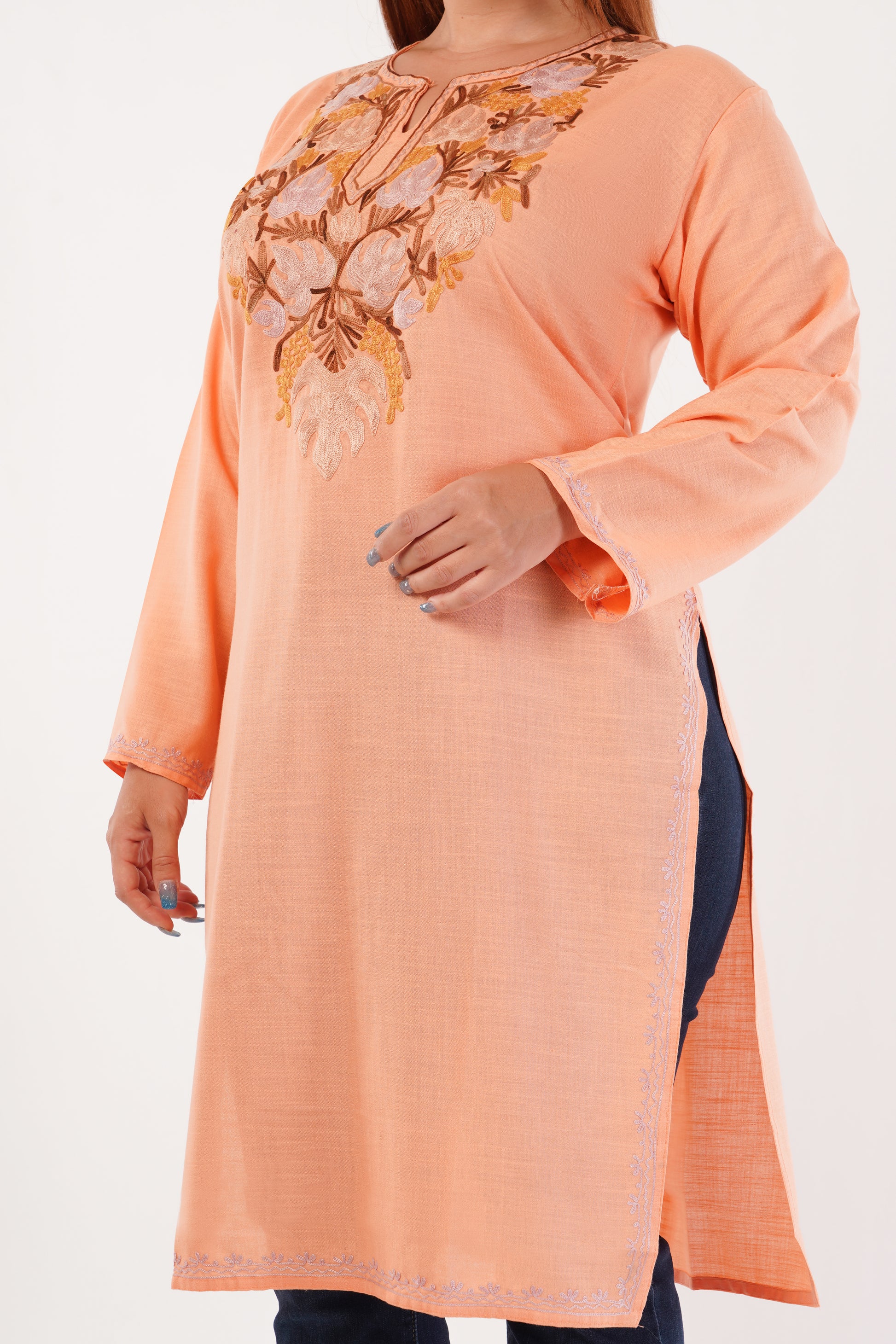 Kashmiri Aari embroidery Cotton Long Kurti Size-44(Peach)