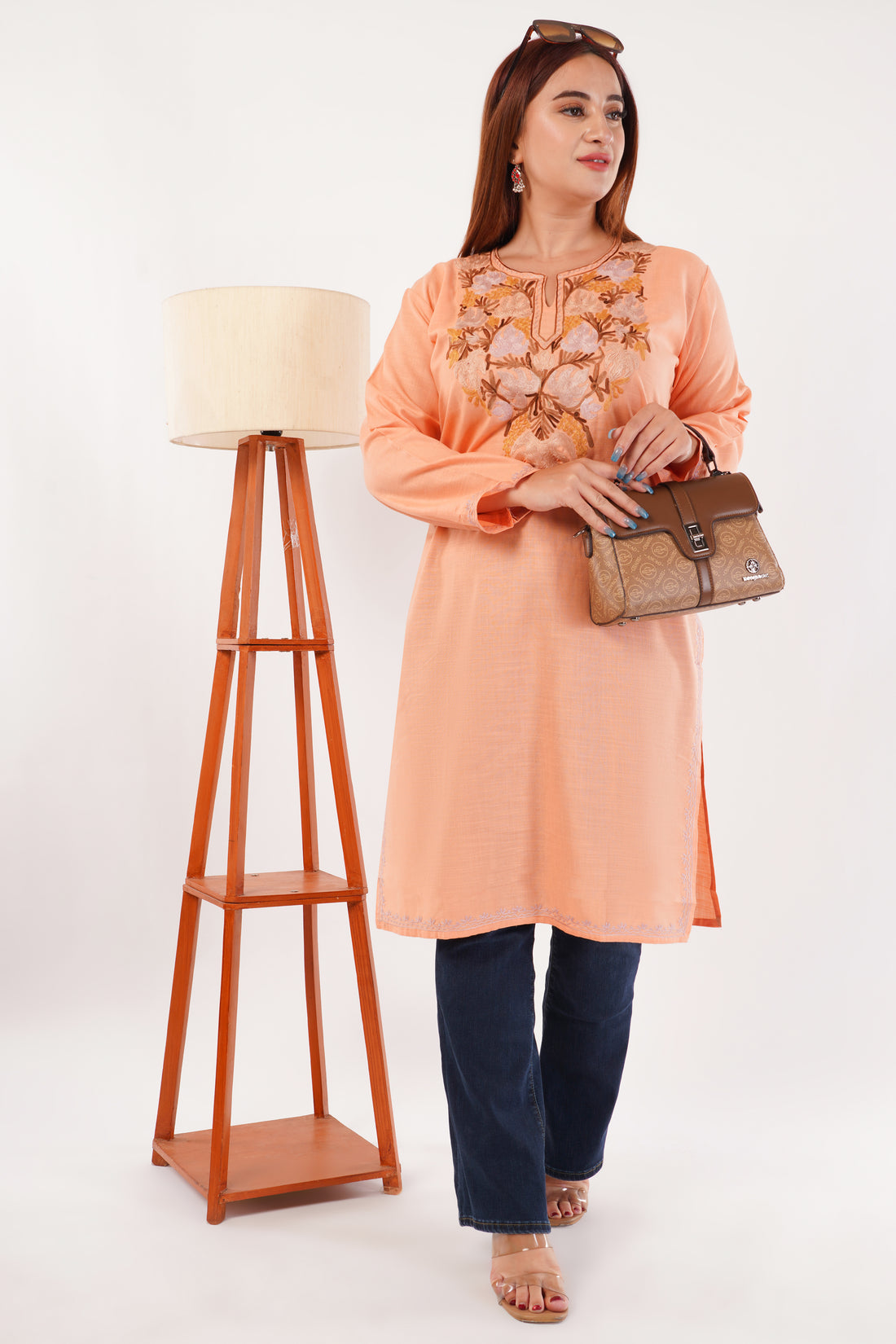 Kashmiri Aari embroidery Cotton Long Kurti Size-44(Peach)